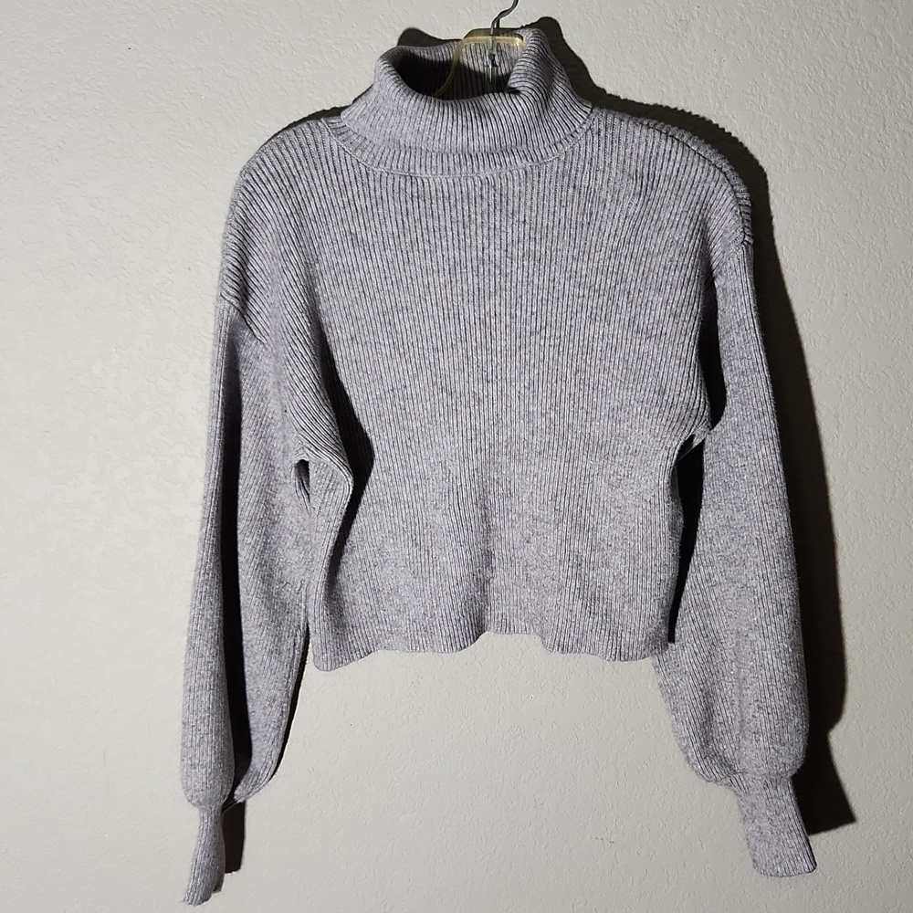 Forever 21 Sweater Womens Turtleneck Balloon Sleeves Ribbed Crop Medium Gray